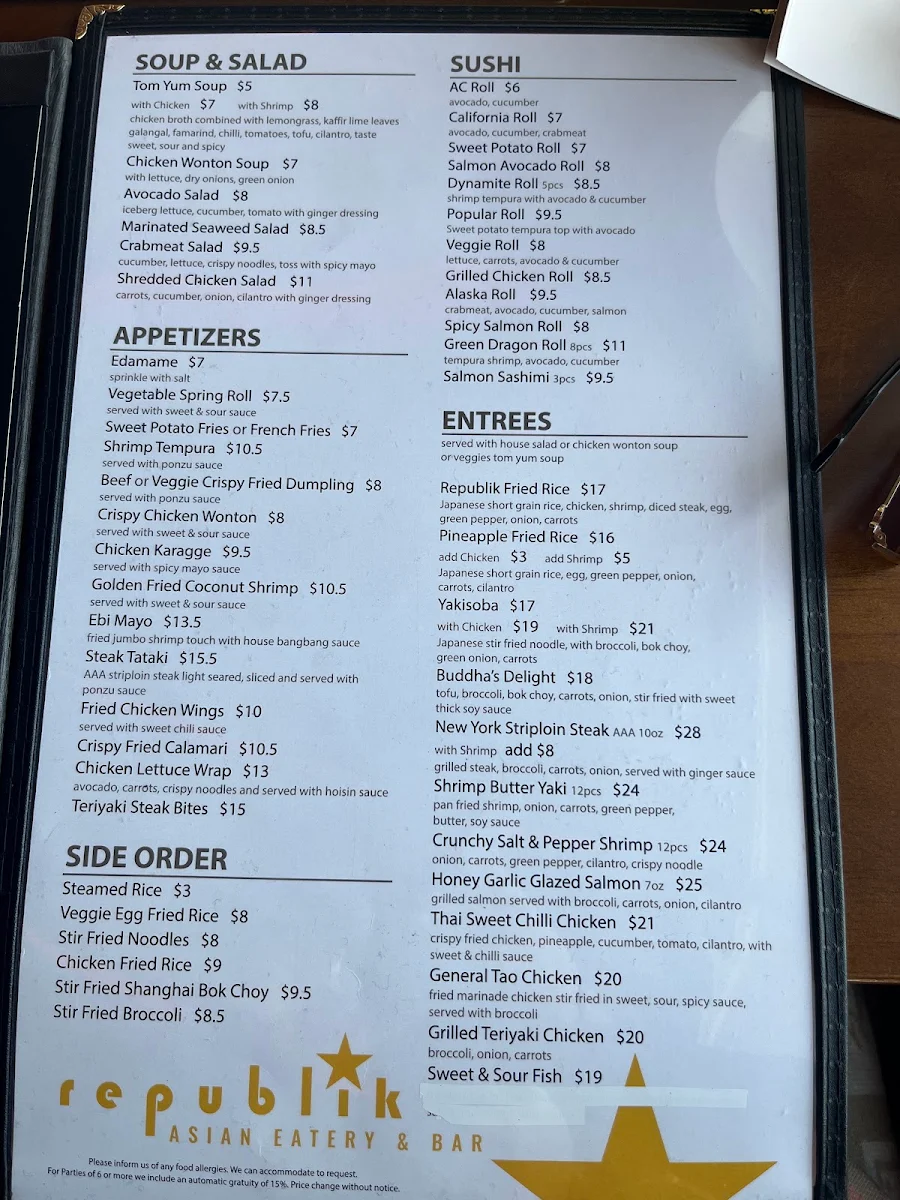 Menu, Republik Asian Eatery And Bar - Windsor