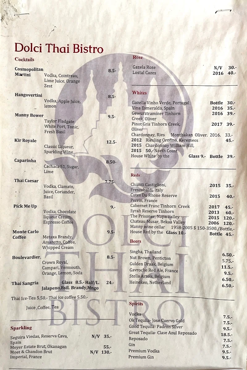 Menu, Dolci Thai Bistro