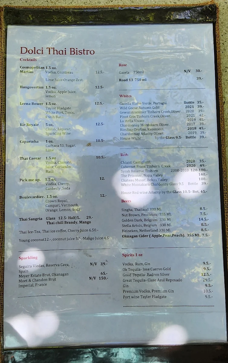 Menu, Dolci Thai Bistro