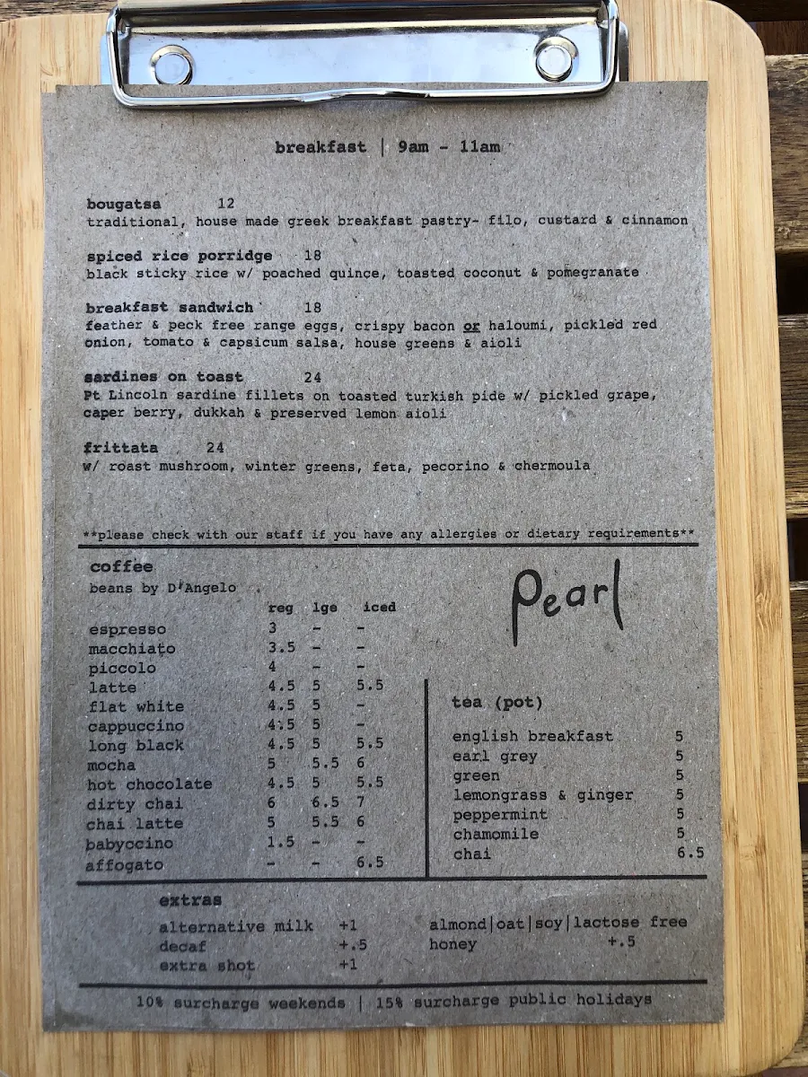 Menu, Pearl