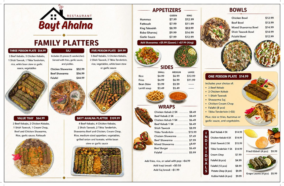 Menu, Bayt Ahalna Restaurant - مطعم بيت أهلنا
