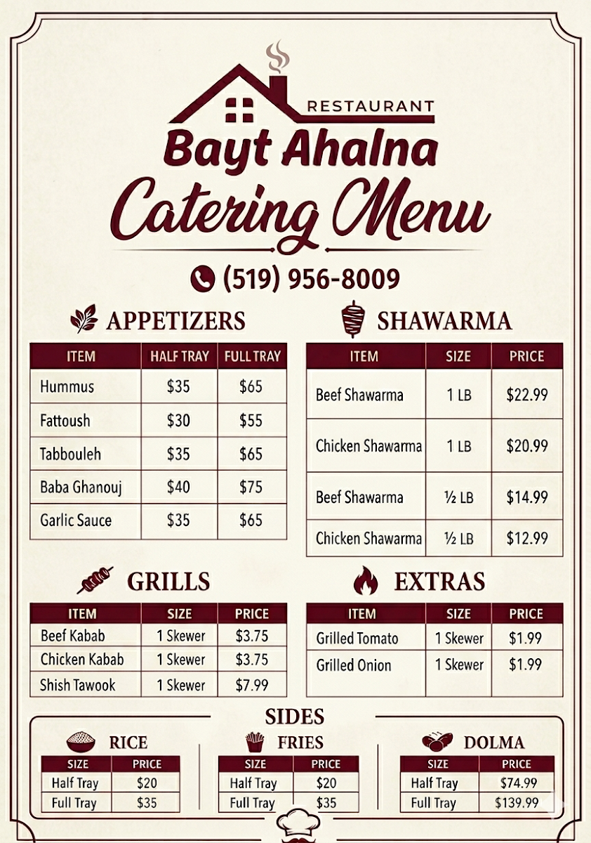 Menu, Bayt Ahalna Restaurant - مطعم بيت أهلنا