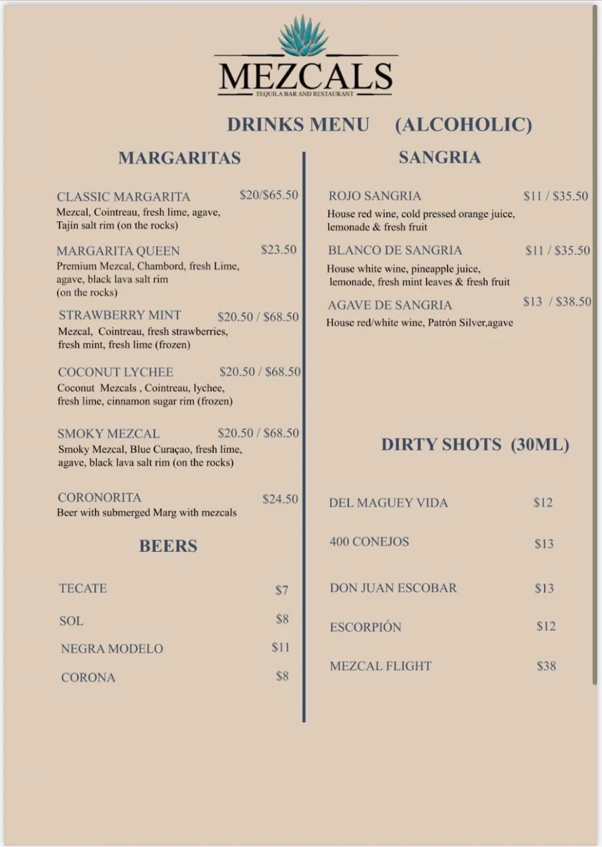 Menu, Mezcals Tequila Bar & Restaurant