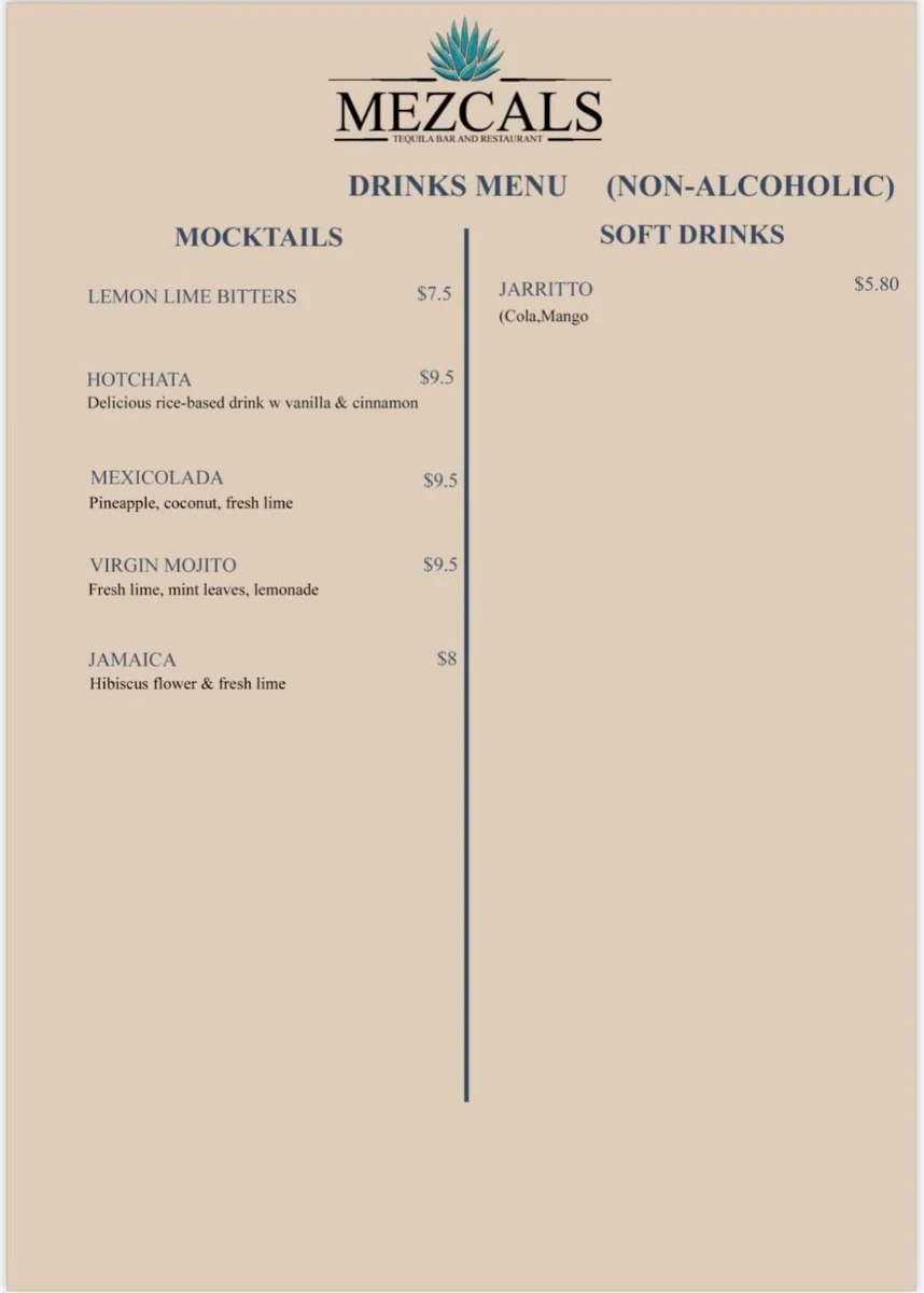 Menu, Mezcals Tequila Bar & Restaurant