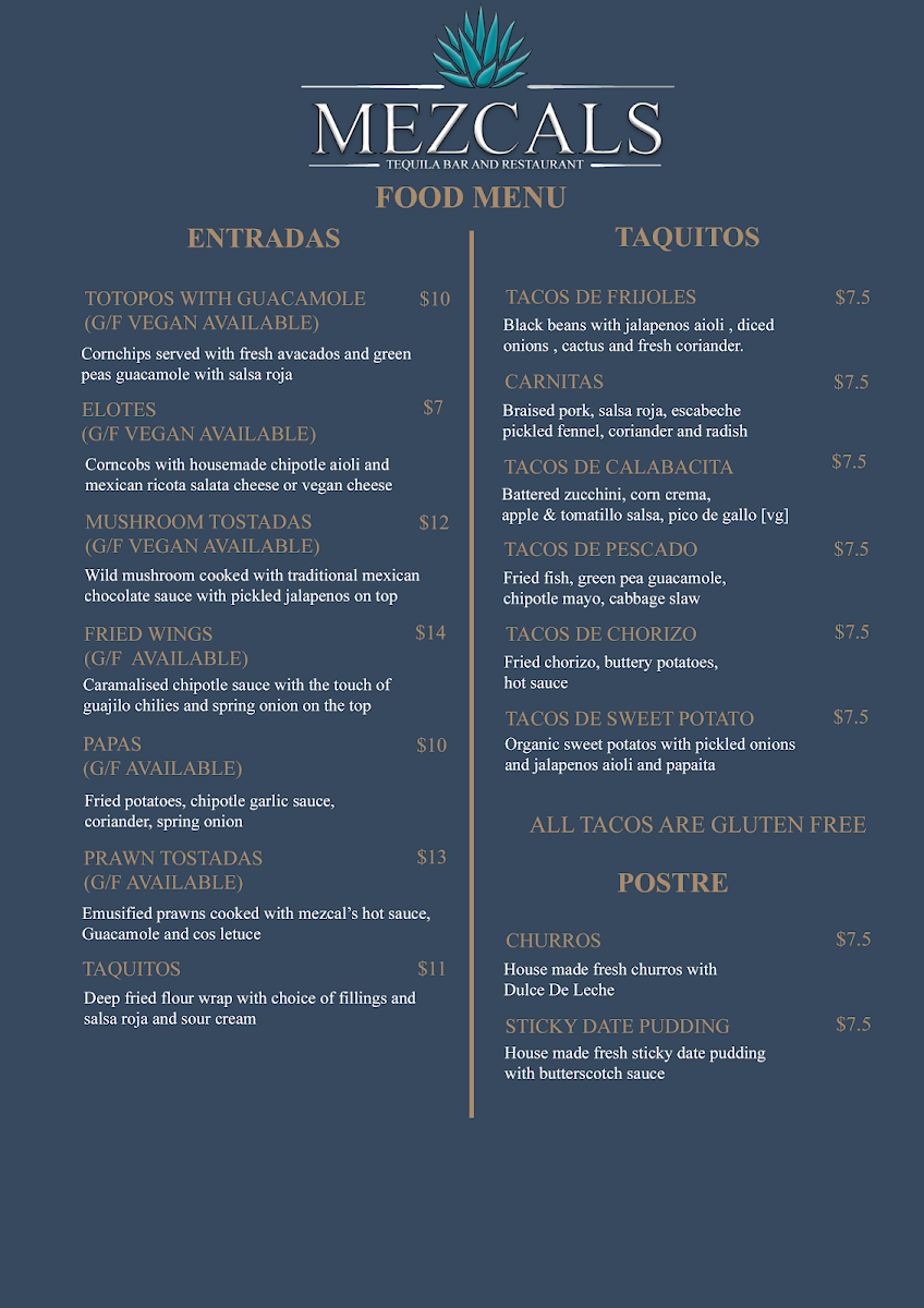 Menu, Mezcals Tequila Bar & Restaurant