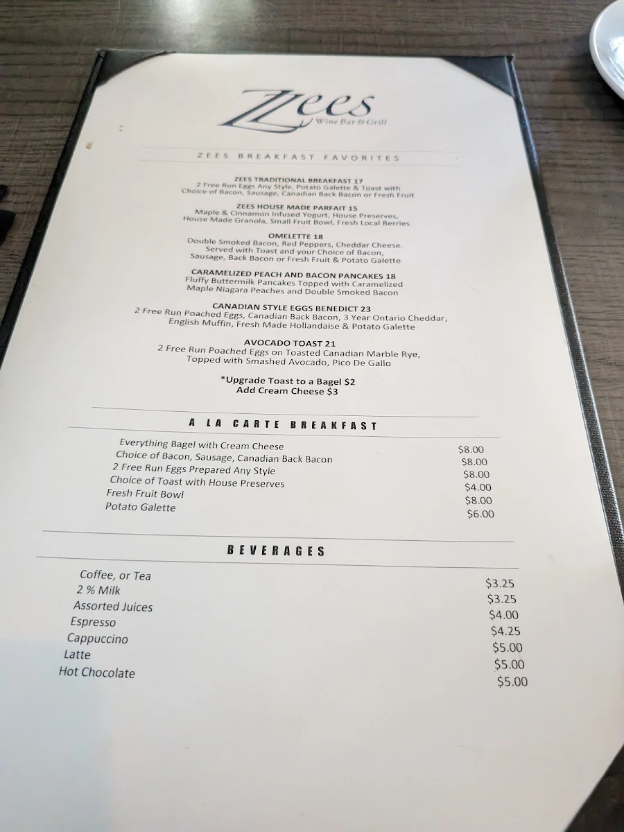 Menu, Zees Wine Bar & Grill