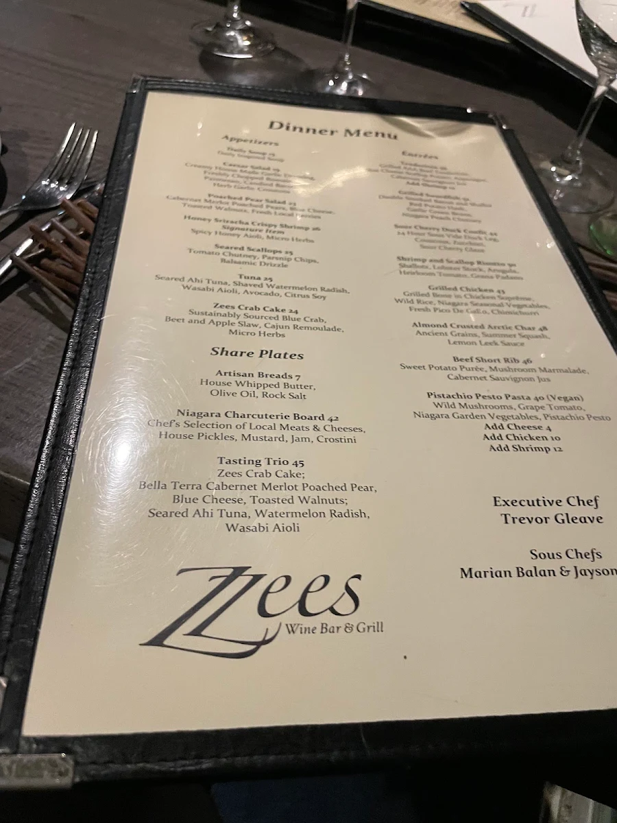 Menu, Zees Wine Bar & Grill