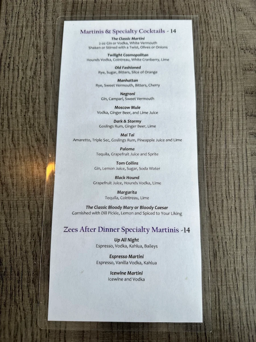 Menu, Zees Wine Bar & Grill