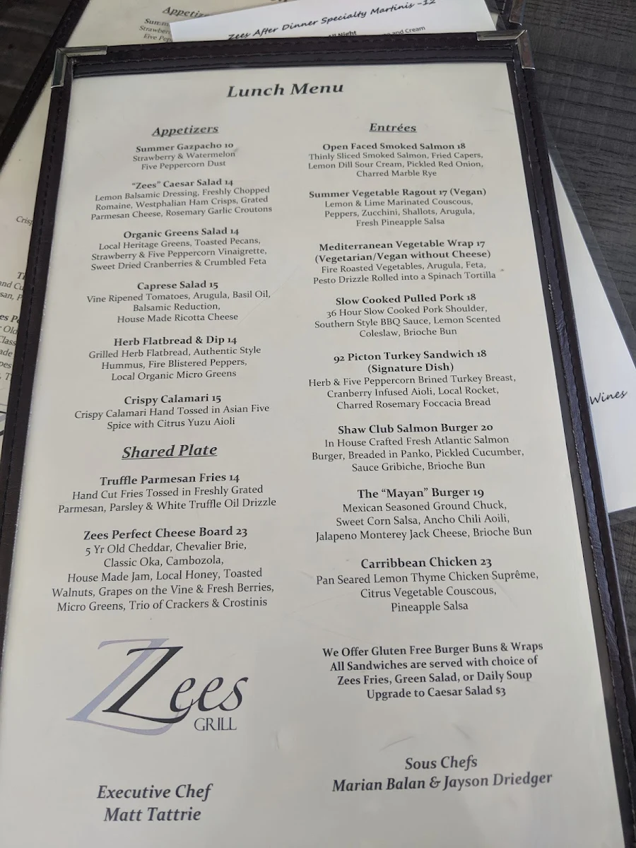 Menu, Zees Wine Bar & Grill