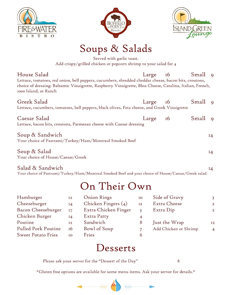 Menu, Fire & Water Bistro at Buffalo Point