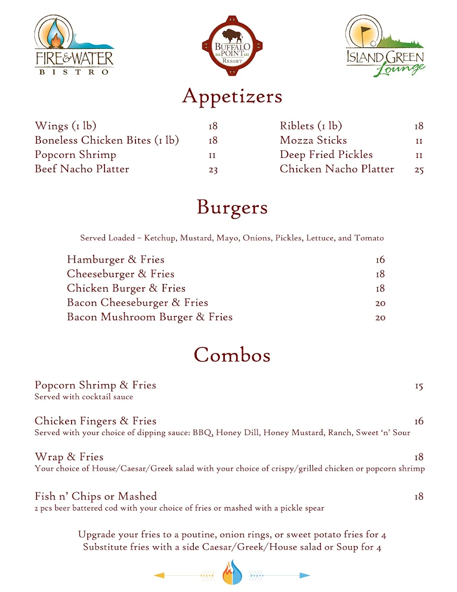 Menu, Fire & Water Bistro at Buffalo Point