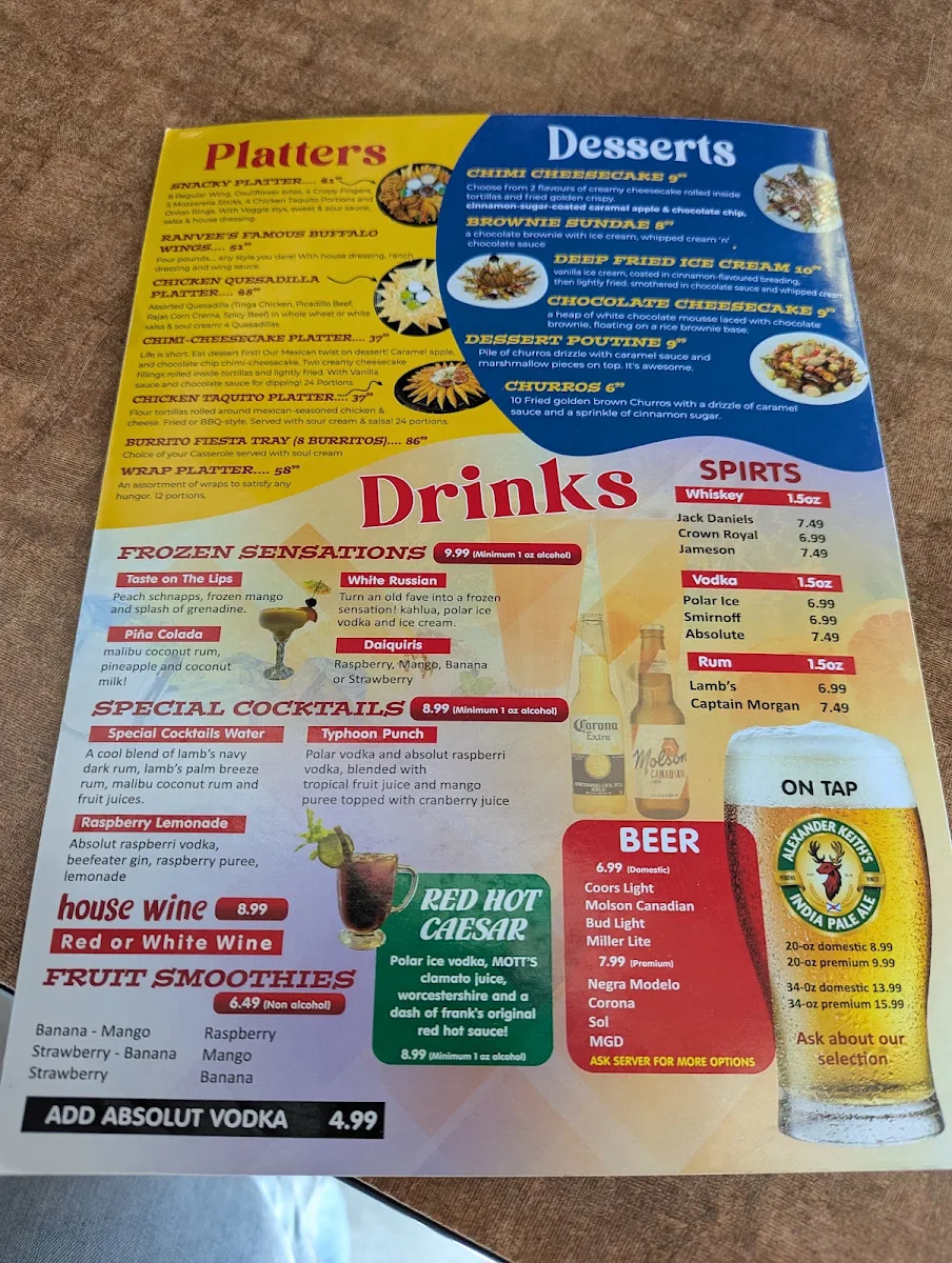 Menu, Ranvee’s Eatery (Sudbury)
