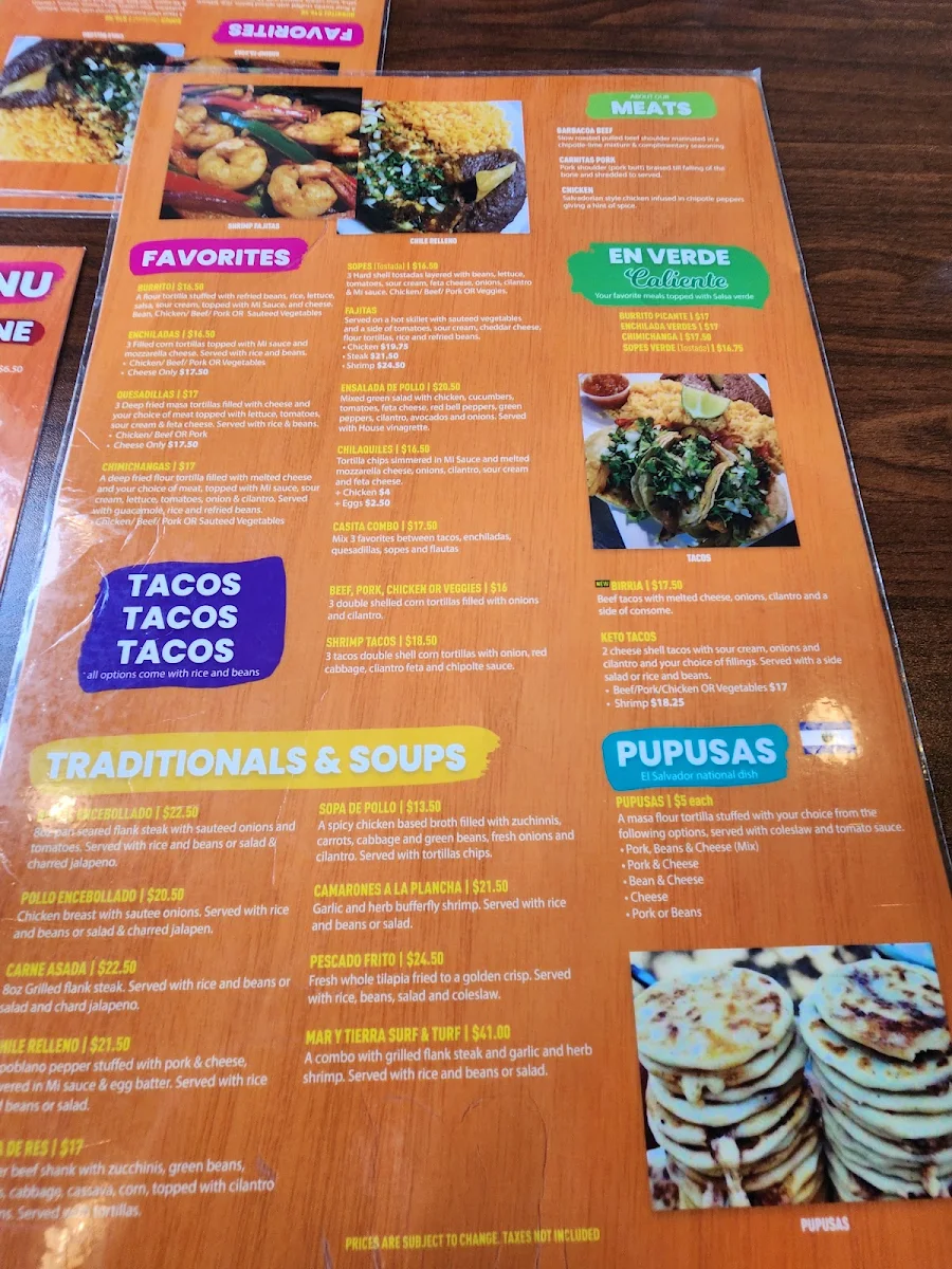 Menu, Mi Casita Restaurant & Bar