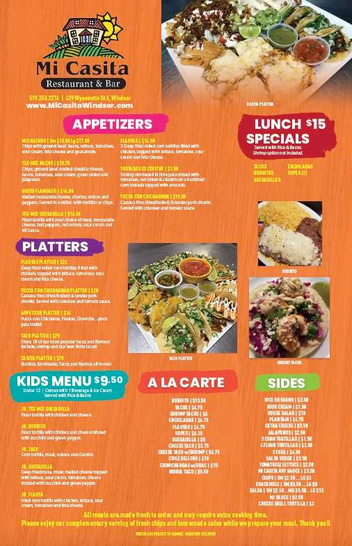 Menu, Mi Casita Restaurant & Bar