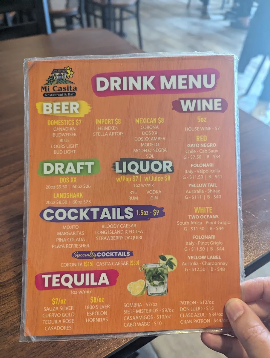 Menu, Mi Casita Restaurant & Bar