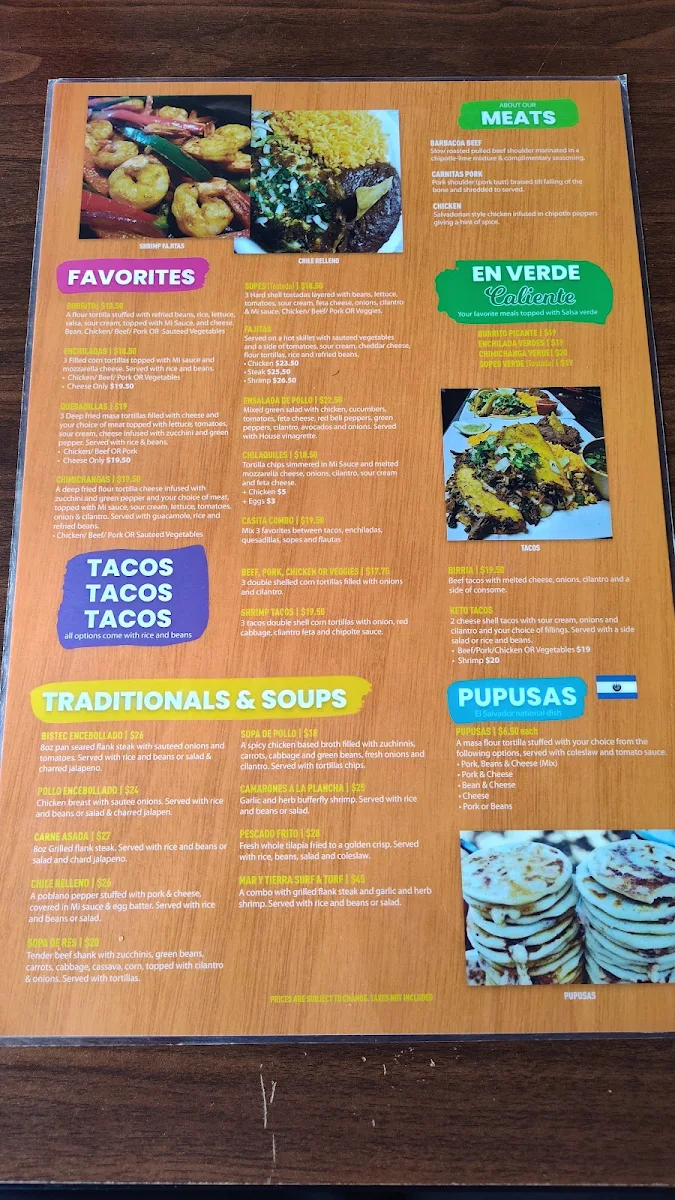 Menu, Mi Casita Restaurant & Bar