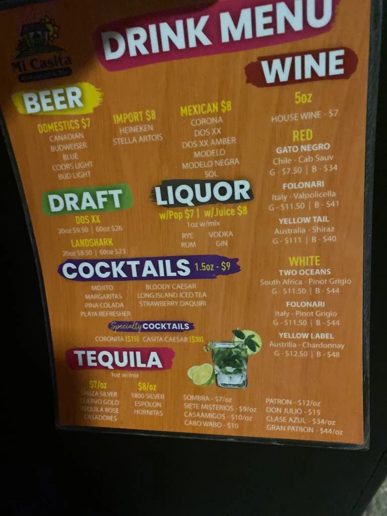 Menu, Mi Casita Restaurant & Bar