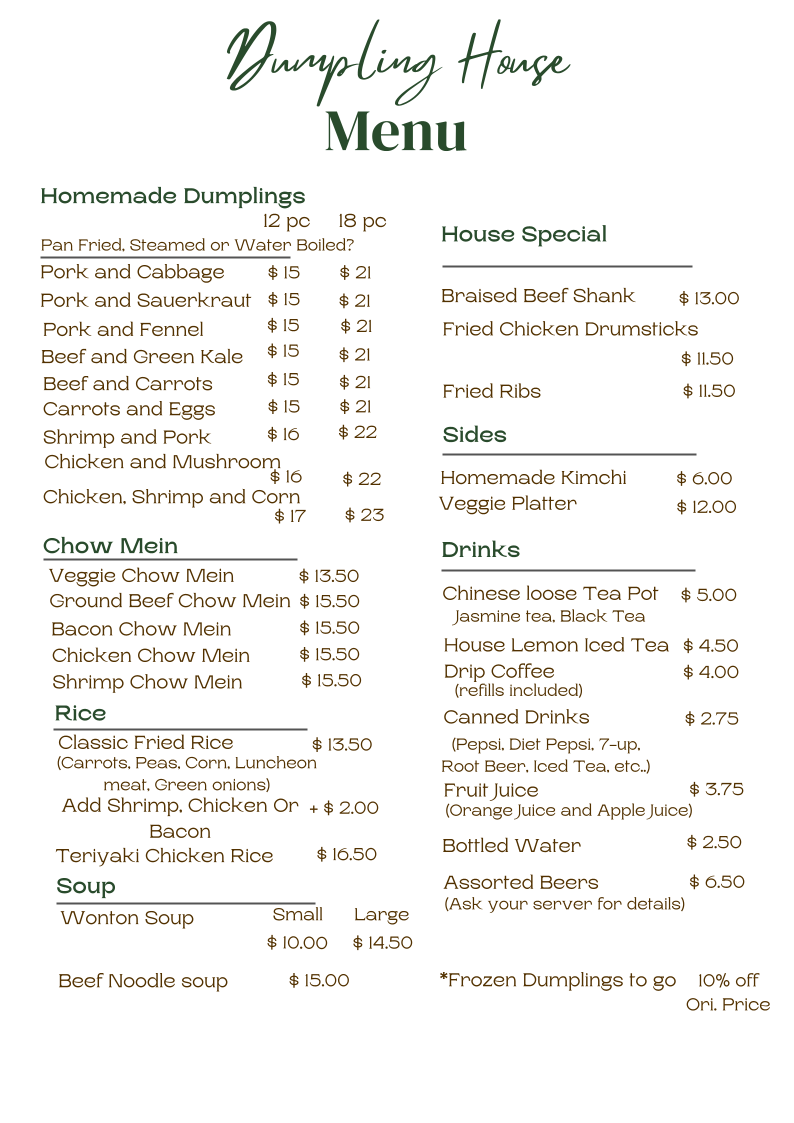 Menu, Dumpling House Williams Lake
