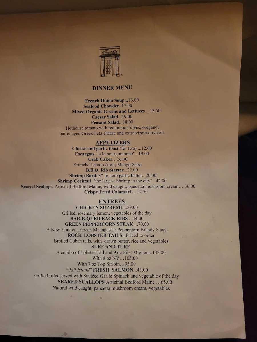 Menu, Bardi's Steak House