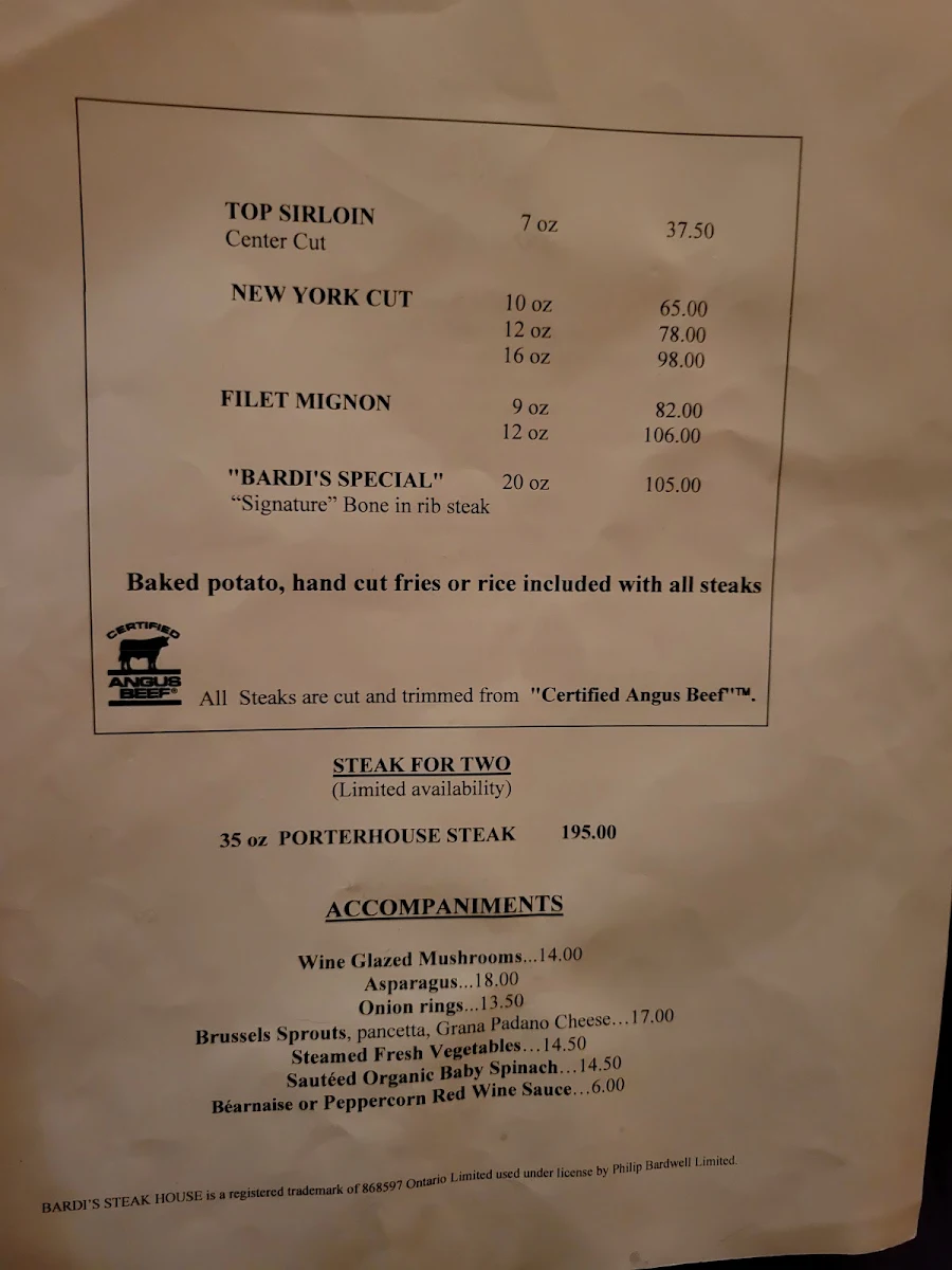 Menu, Bardi's Steak House