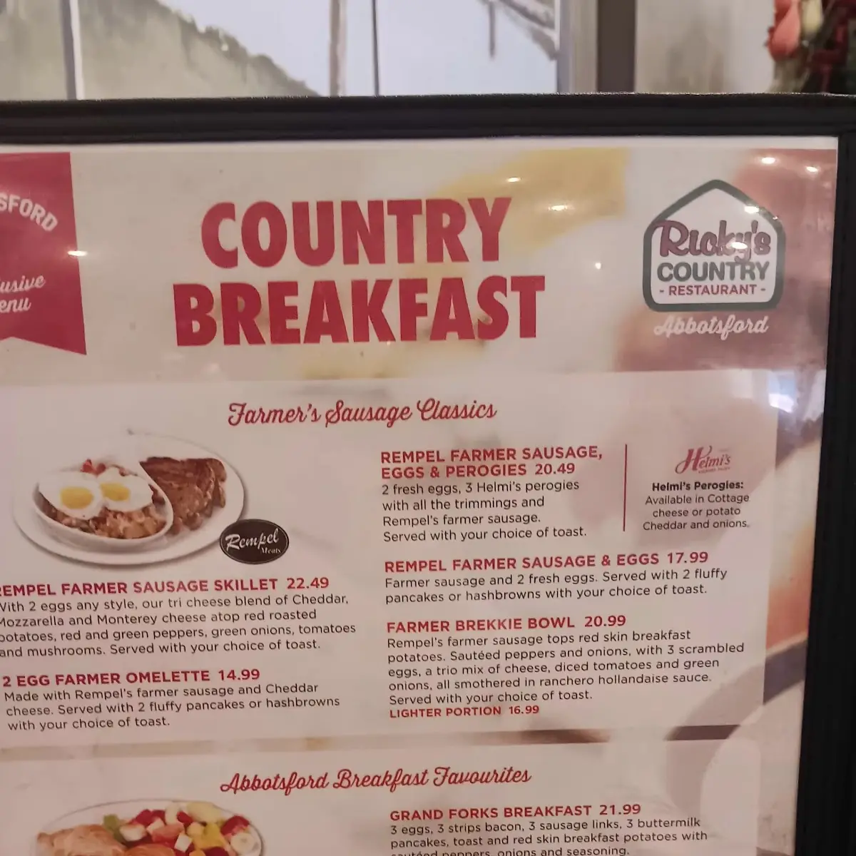 Menu, Ricky's Country Restaurant - Abbotsford