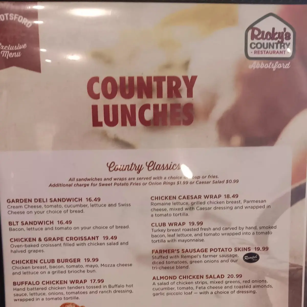 Menu, Ricky's Country Restaurant - Abbotsford