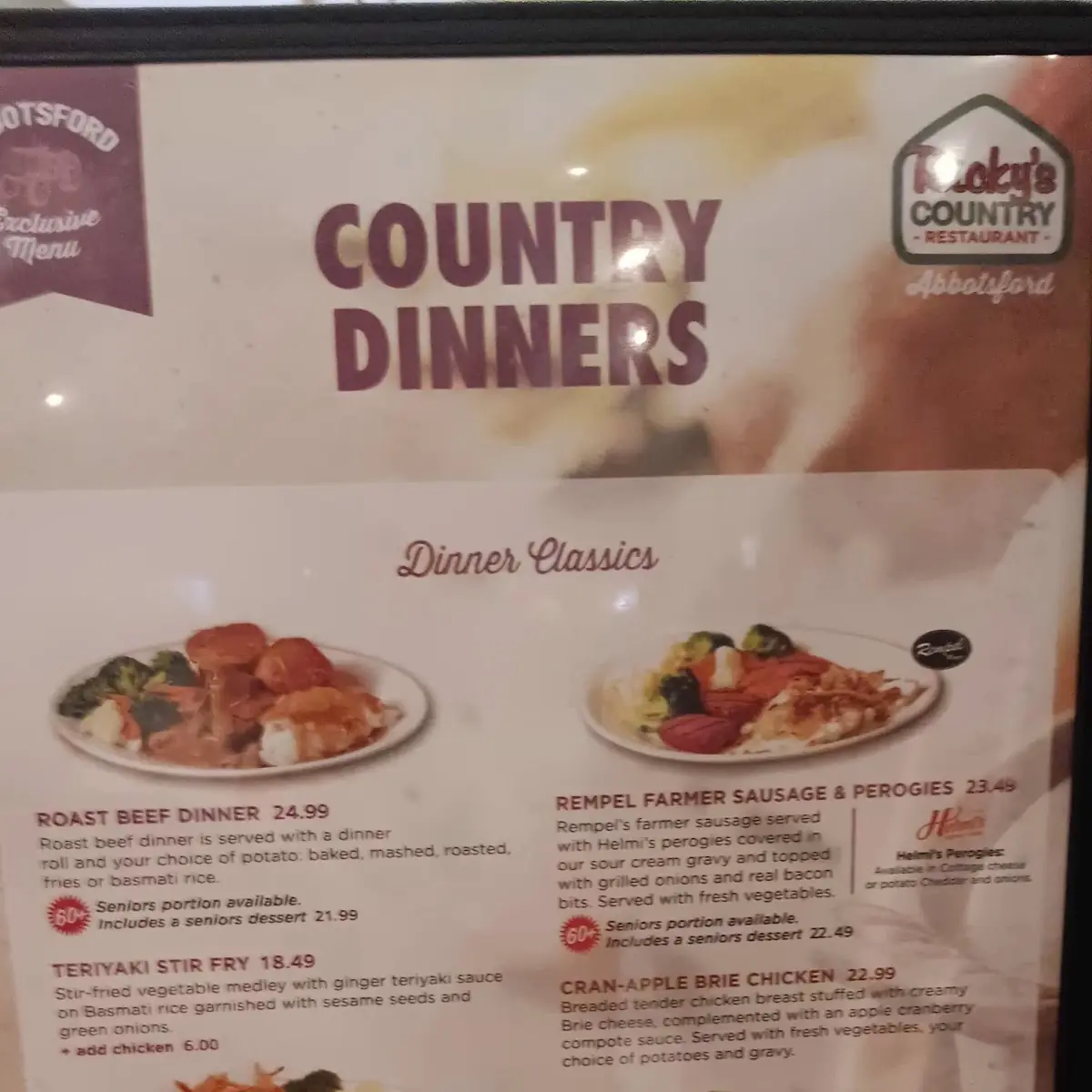Menu, Ricky's Country Restaurant - Abbotsford
