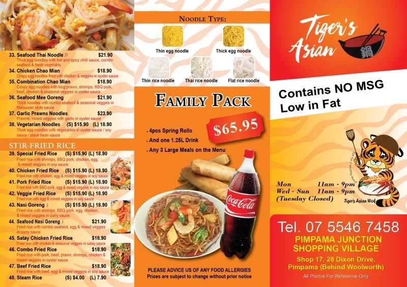 Menu, Tigers Asian wok