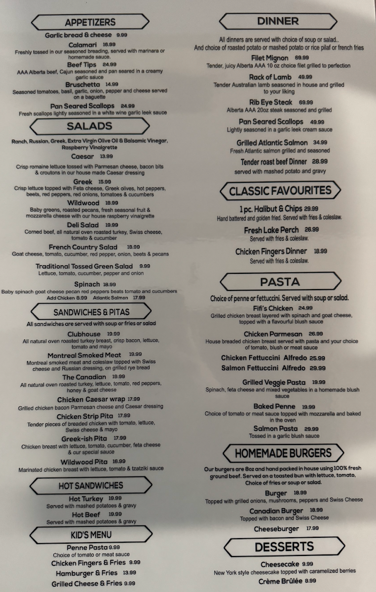 Menu, Wildwood Grill