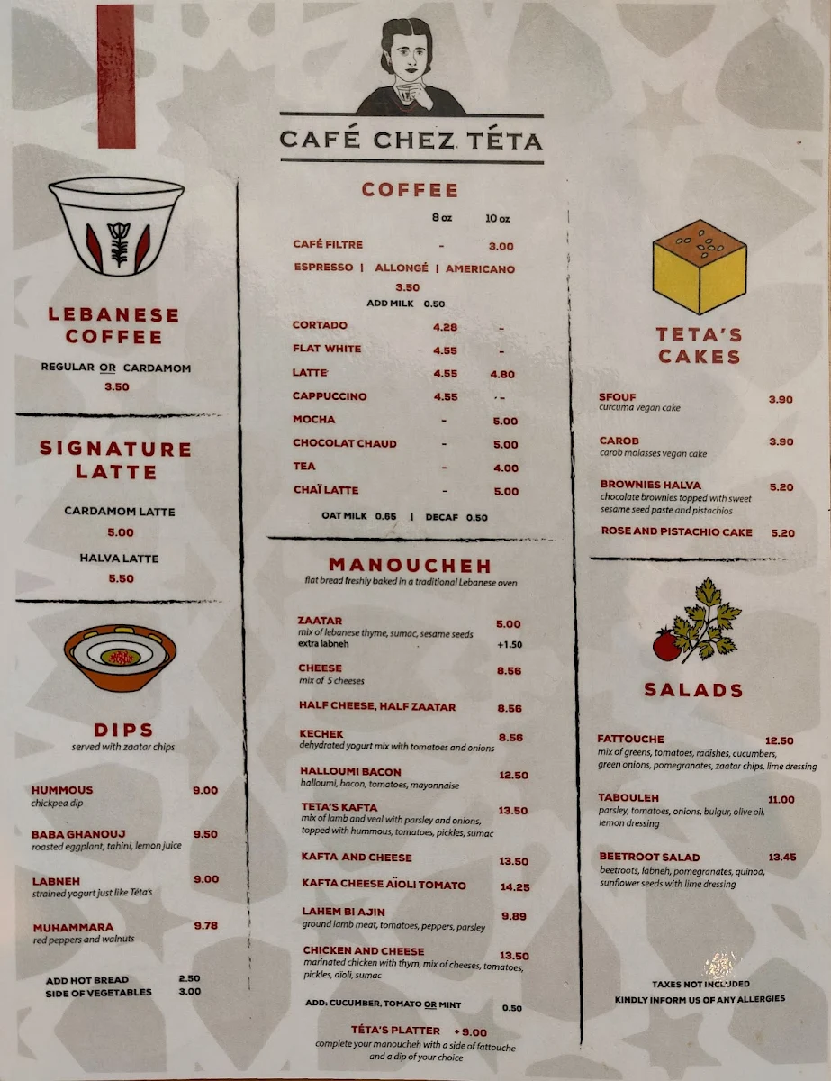 Menu, Café chez Téta