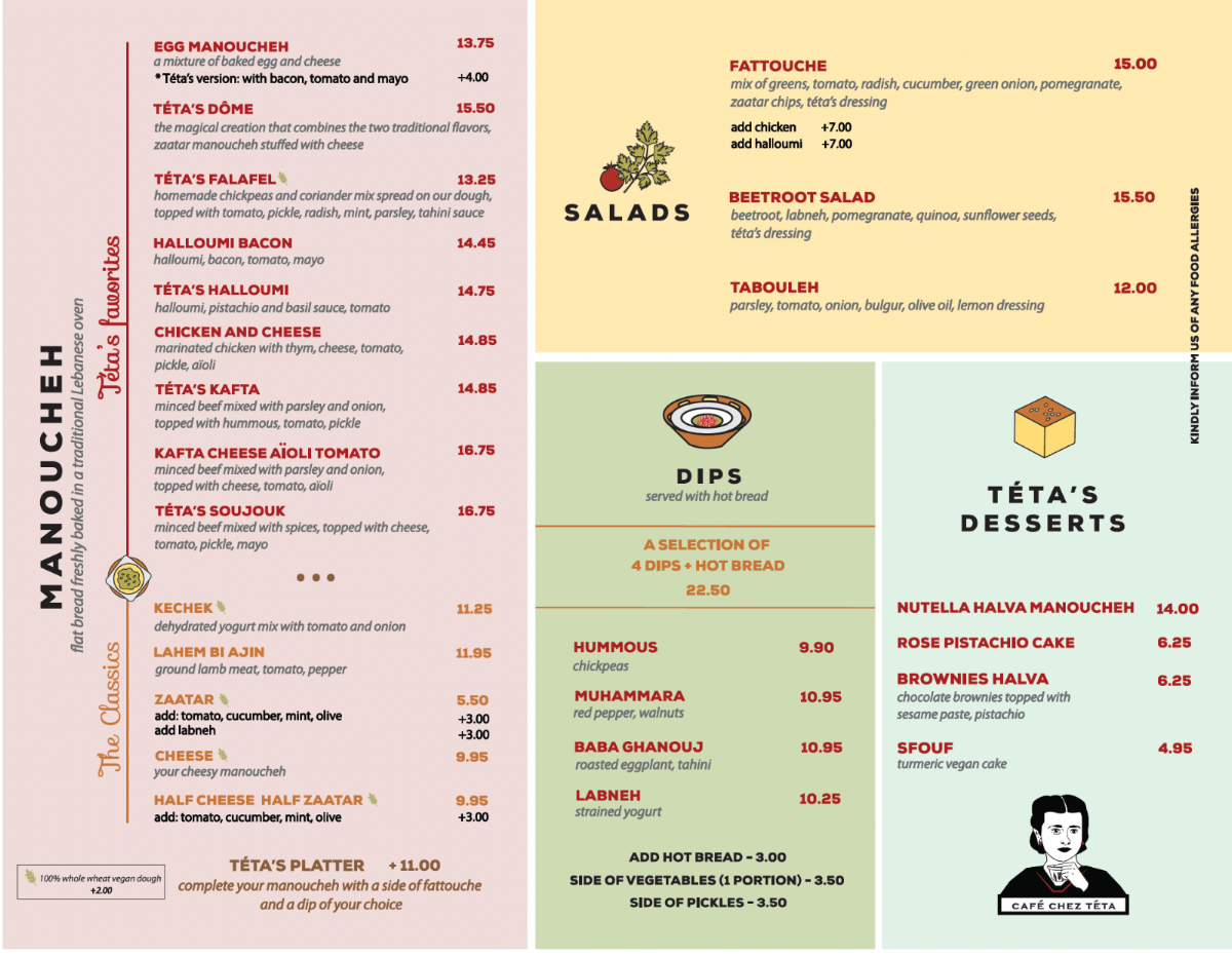 Menu, Café chez Téta
