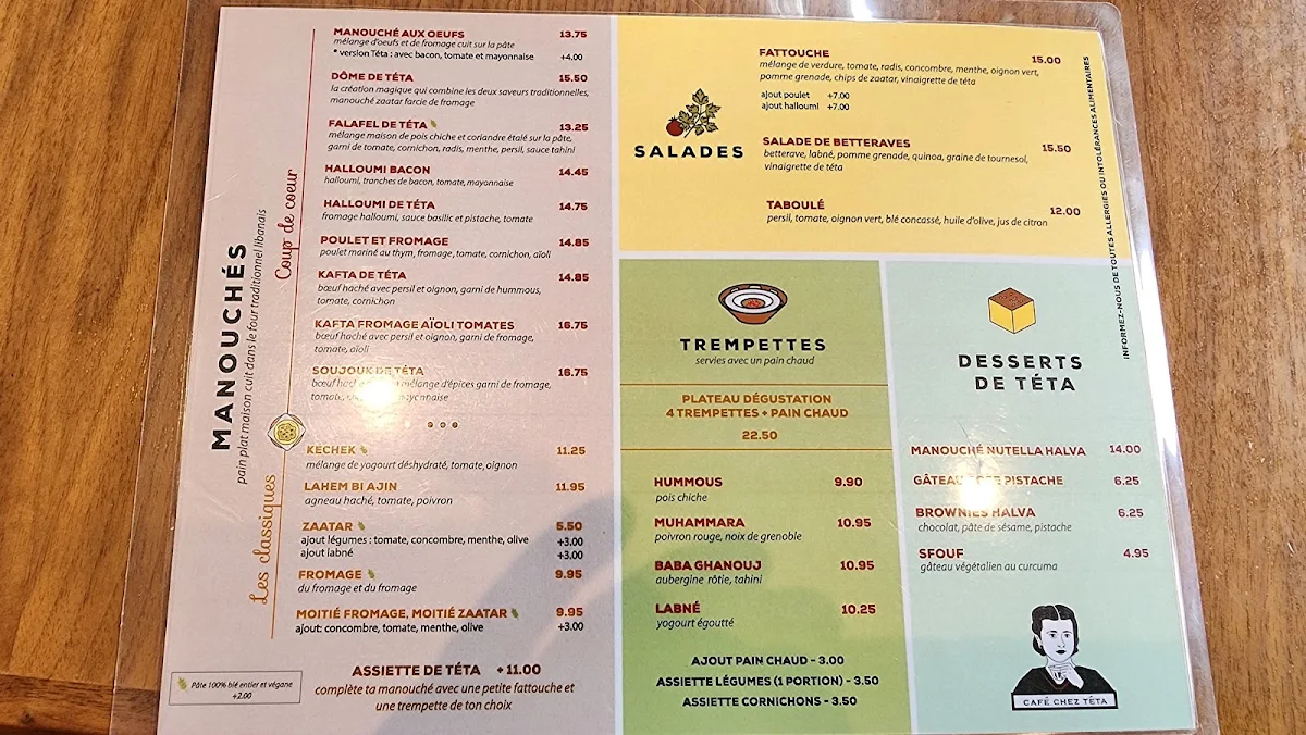 Menu, Café chez Téta
