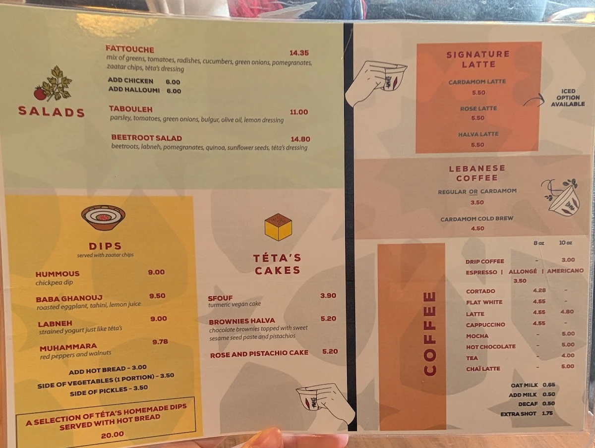 Menu, Café chez Téta