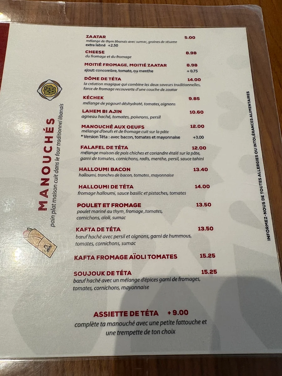 Menu, Café chez Téta