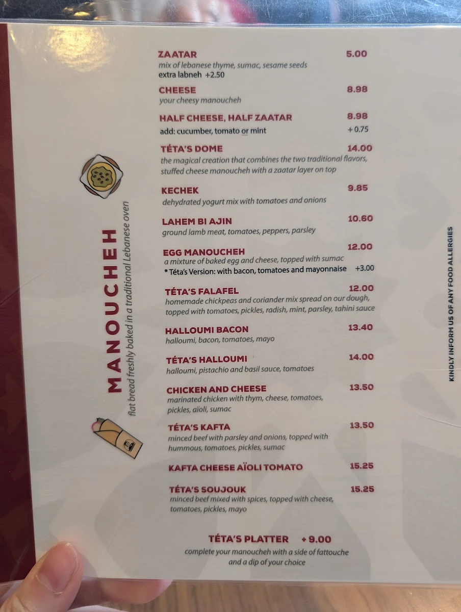 Menu, Café chez Téta