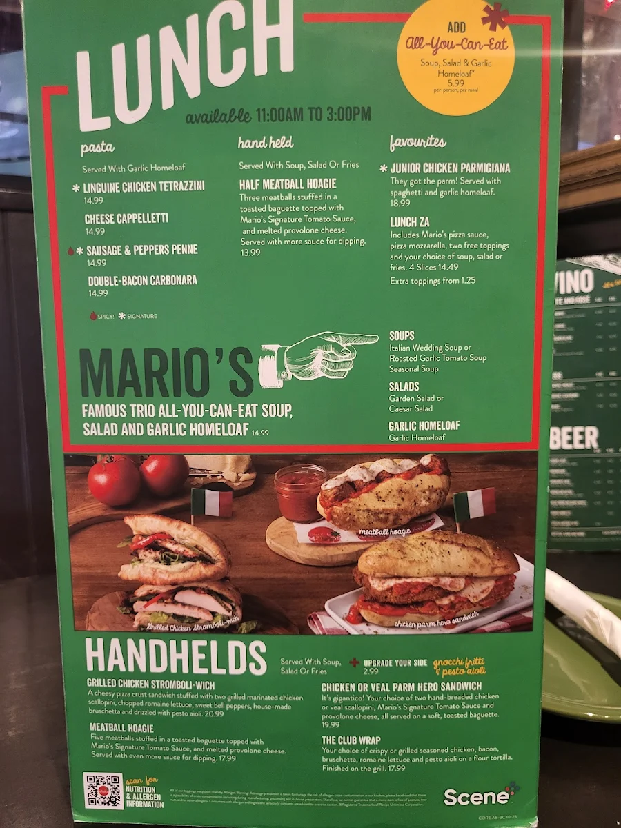 Menu, East Side Mario's