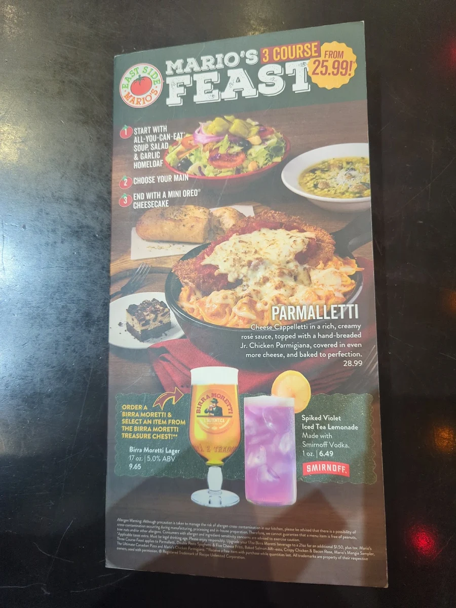 Menu, East Side Mario's