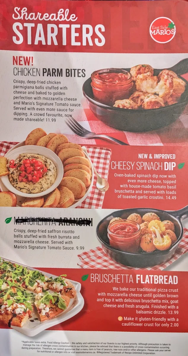 Menu, East Side Mario's