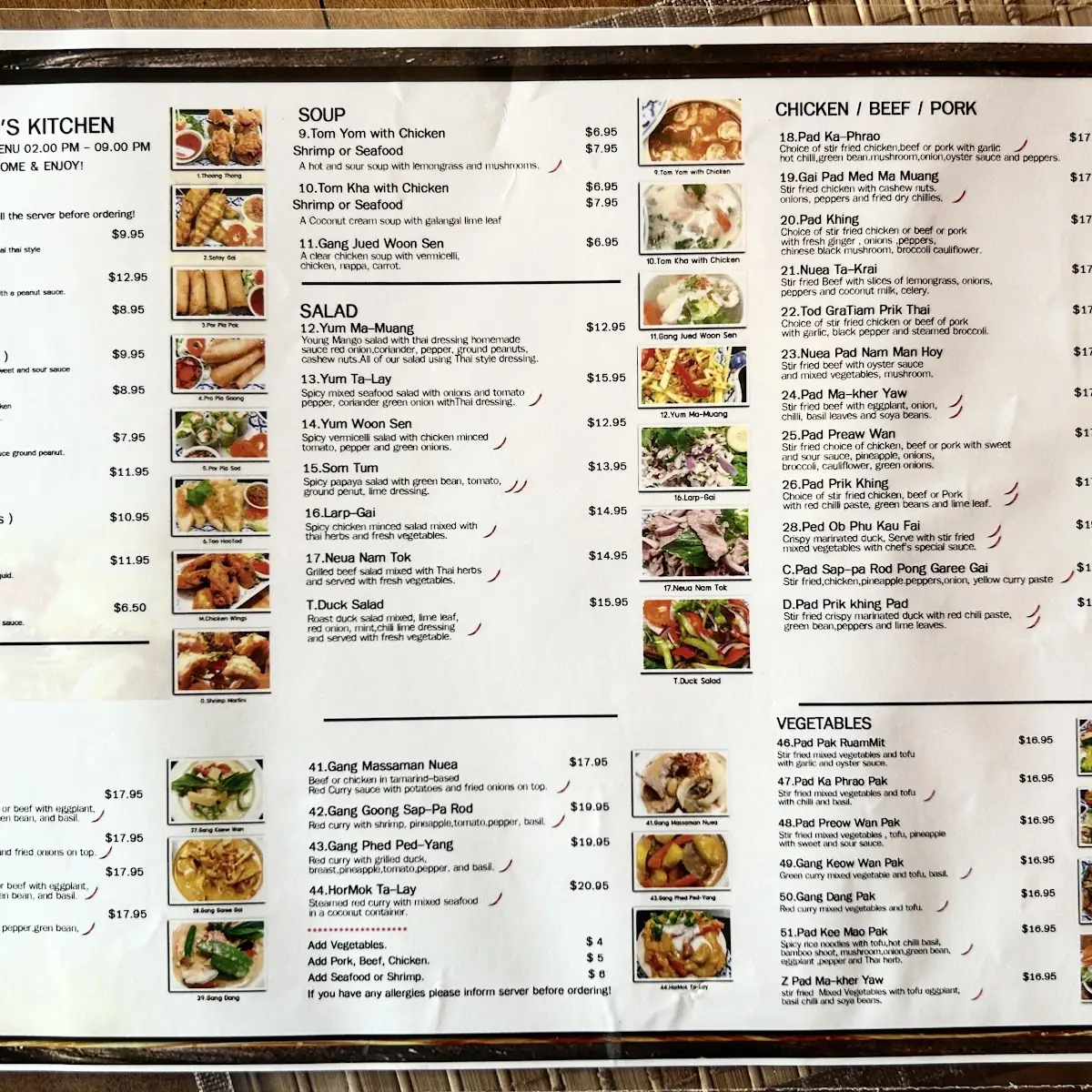 Menu, Thum's Kitchen
