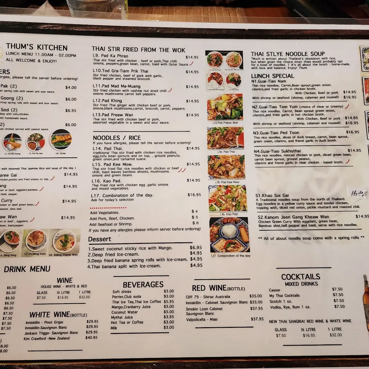 Menu, Thum's Kitchen