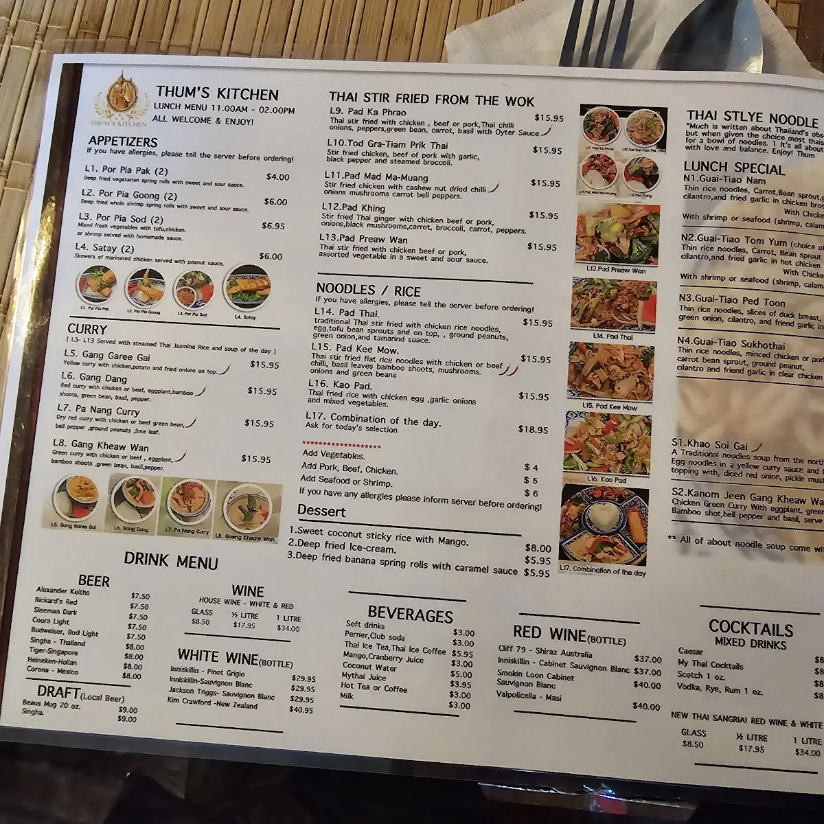 Menu, Thum's Kitchen