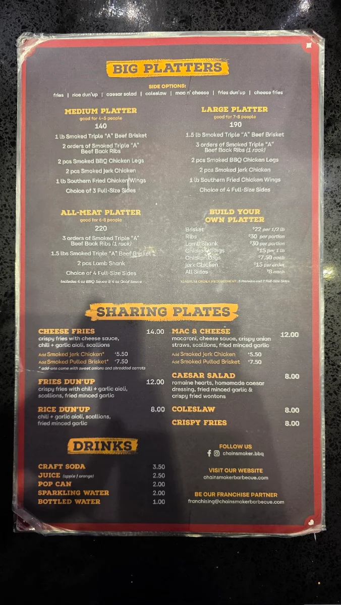 Menu, Chainsmoker Urban Halal BBQ - Windsor