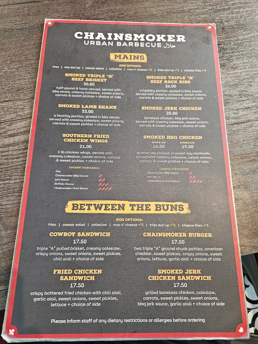 Menu, Chainsmoker Urban Halal BBQ - Windsor