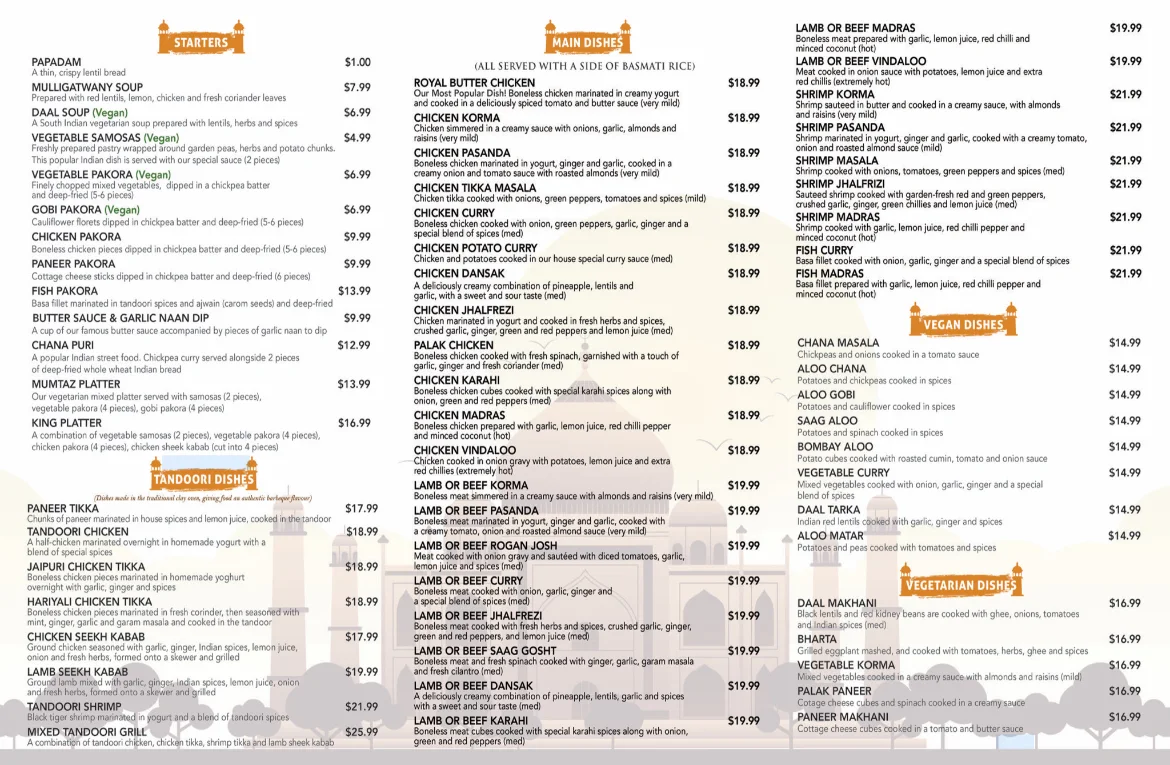 Menu, Taj Mahal Indian Cuisine