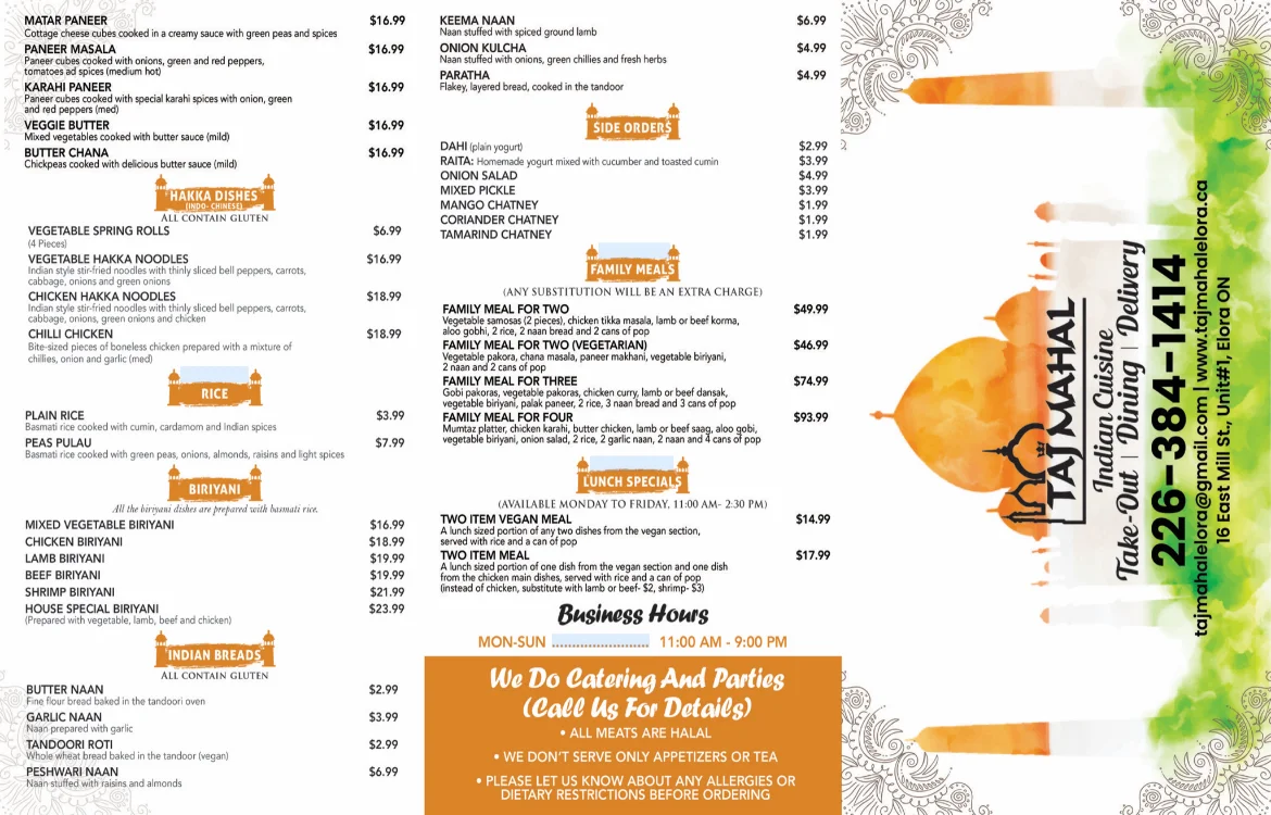 Menu, Taj Mahal Indian Cuisine