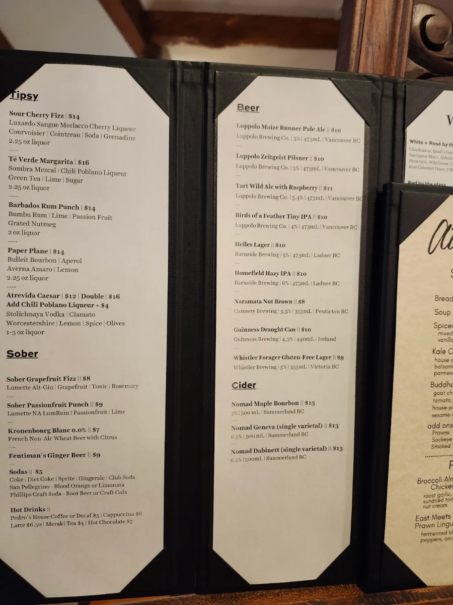 Menu, Atrevida Restaurant