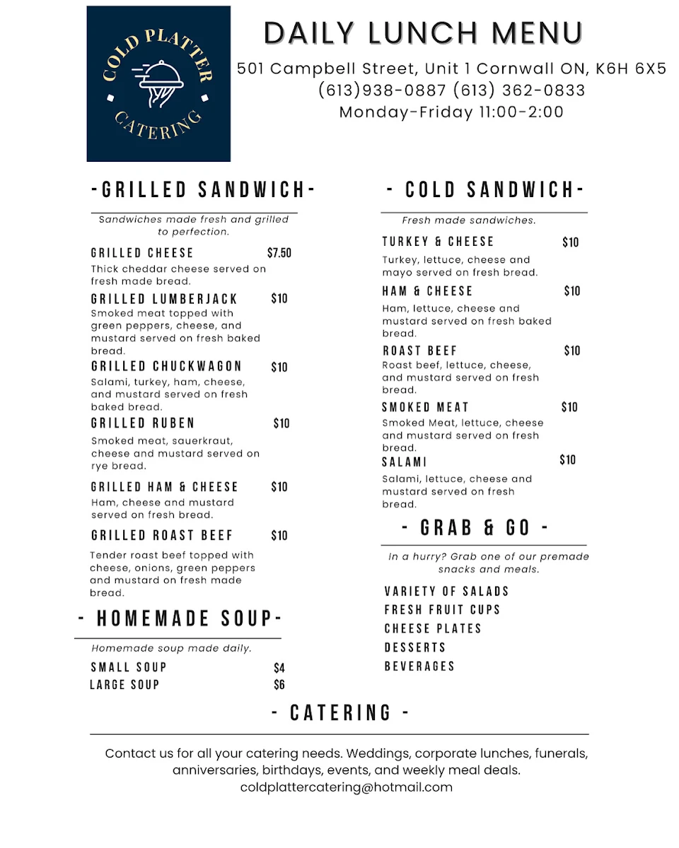 Menu, Cold Platter Catering