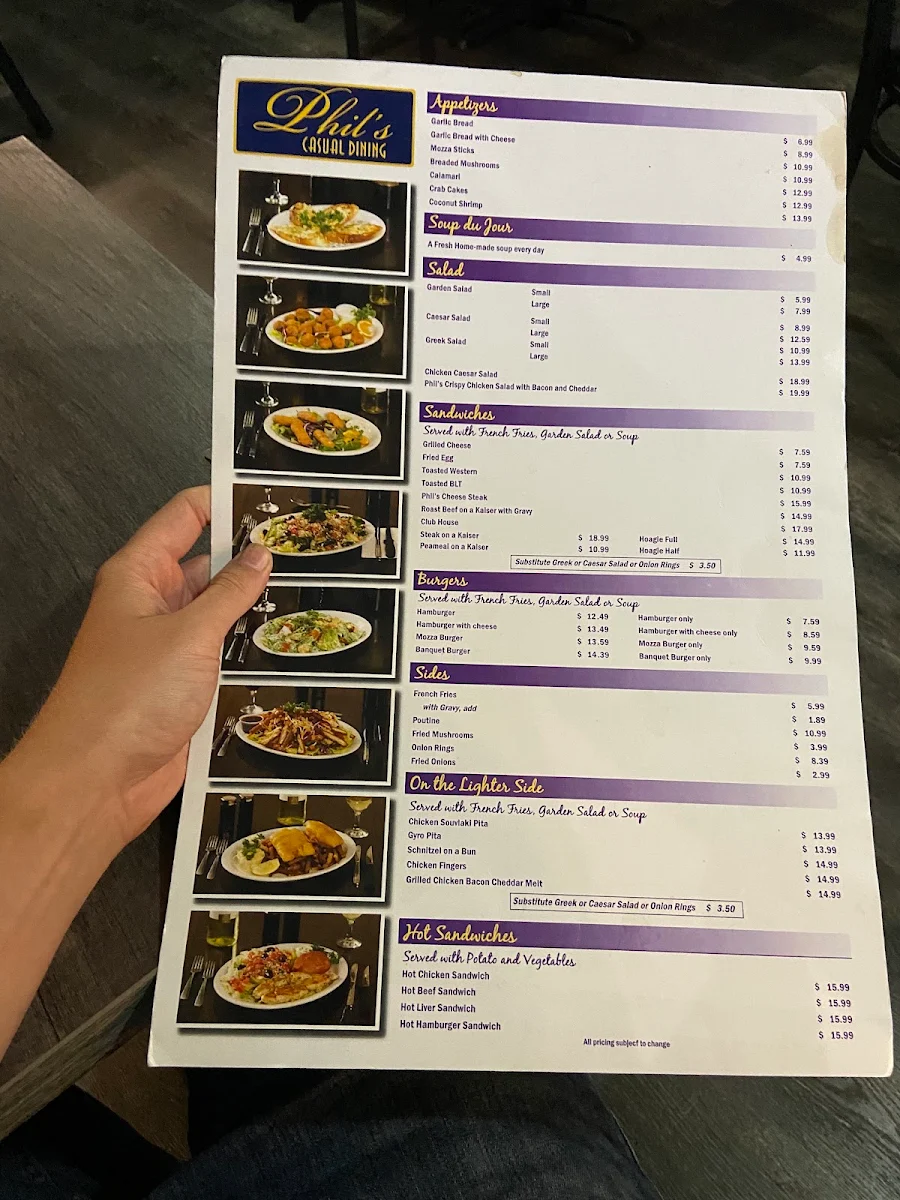 Menu, Phil's Family Restaurant