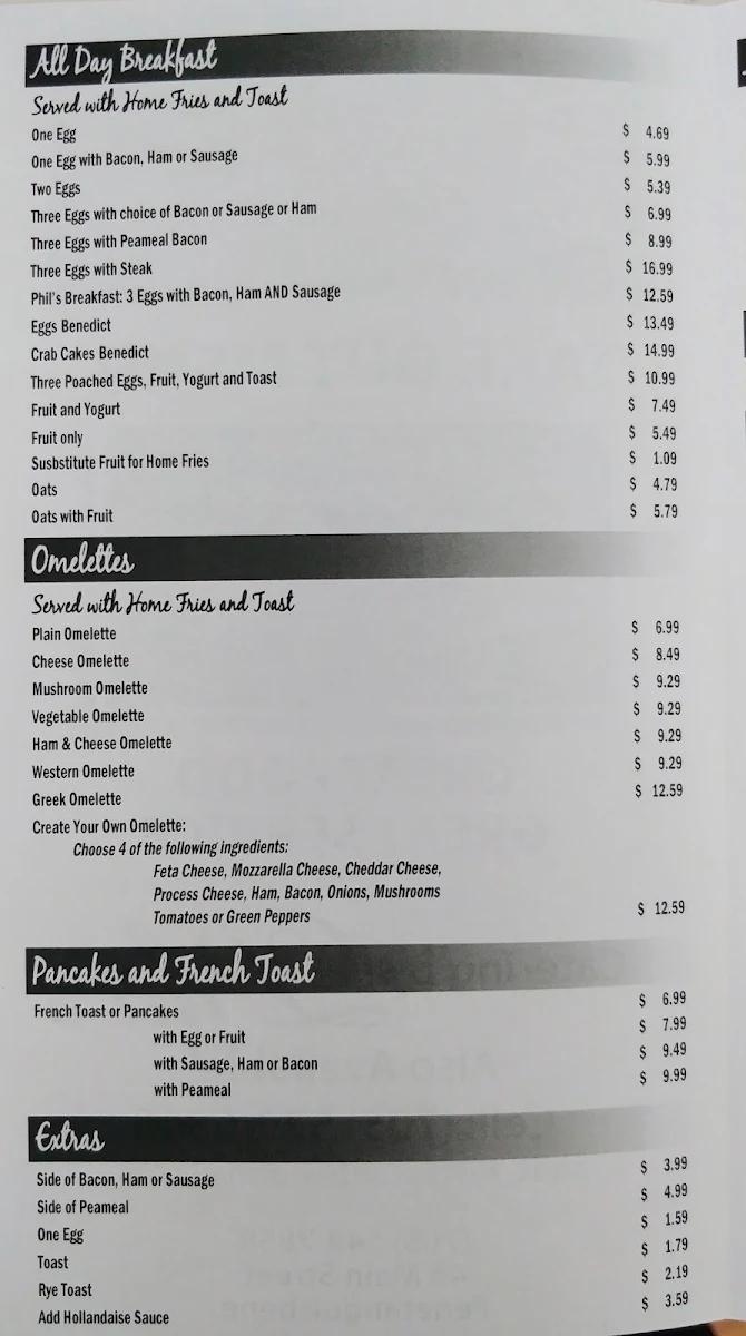 Menu, Phil's Family Restaurant