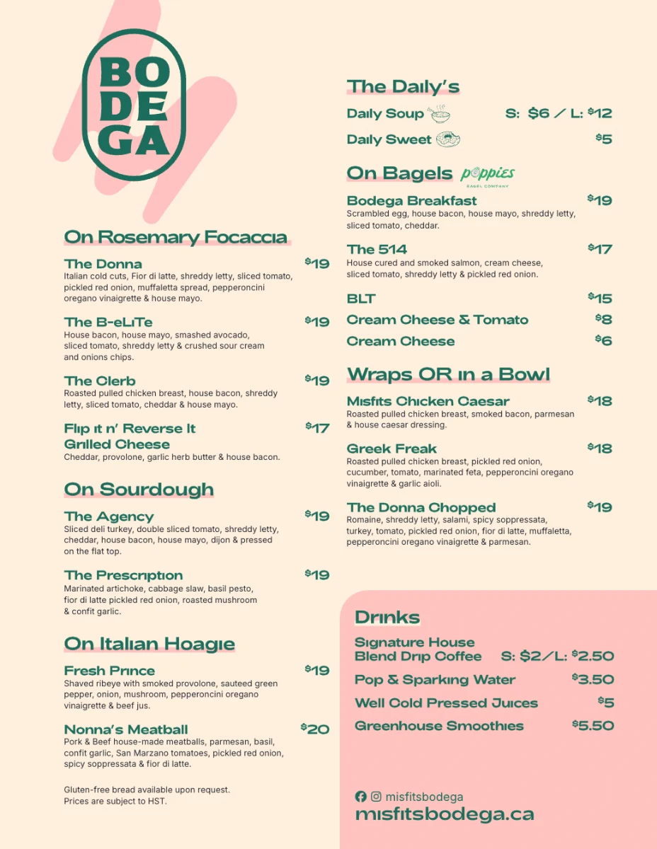 Menu, Misfits Bodega